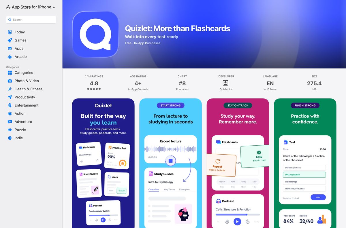 App Store page for Quizlet with its size and rating
