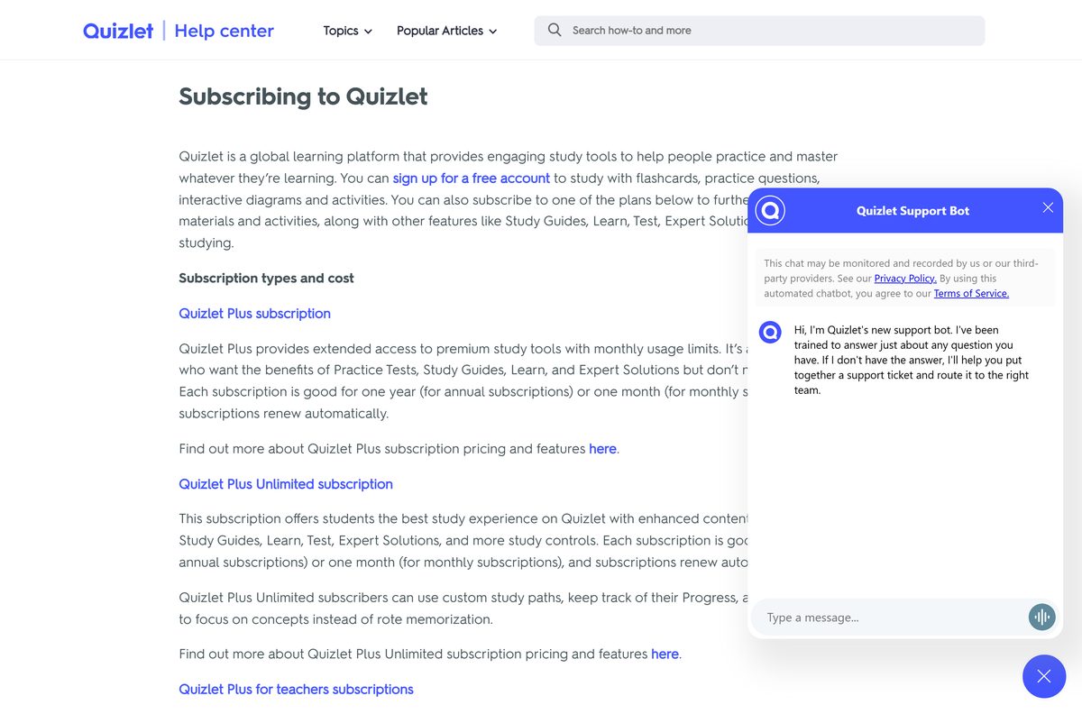 Quizlet help page describing Plus, Unlimited and Family plans