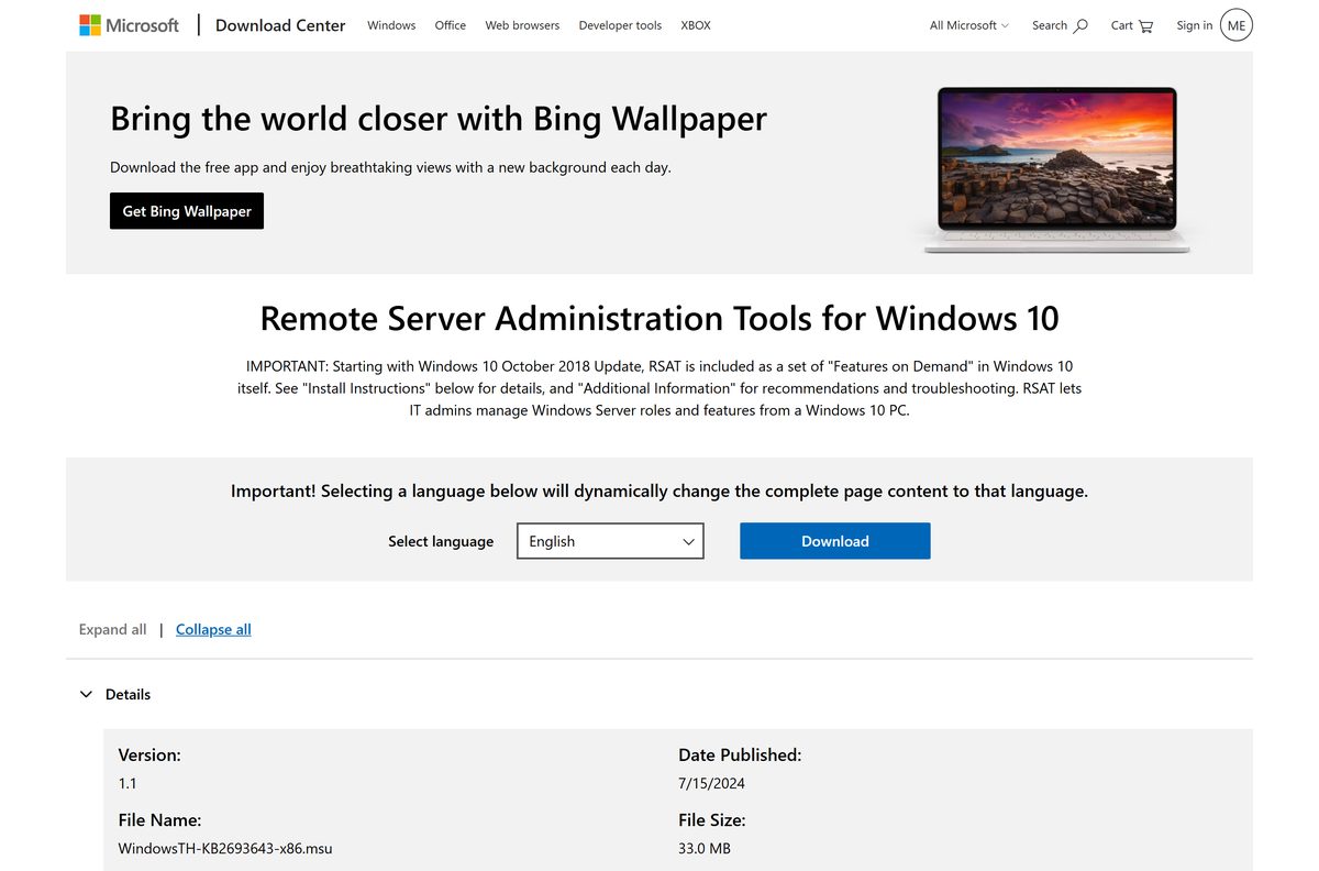 Microsoft Download Center entry for the standalone RSAT package