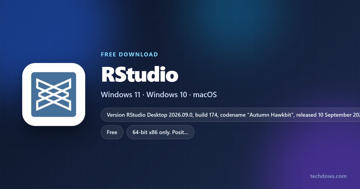 RStudio spec card with version, licence and supported operating systems