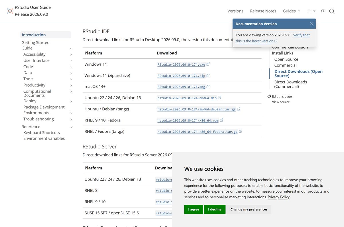 Posit documentation table listing installer files per platform