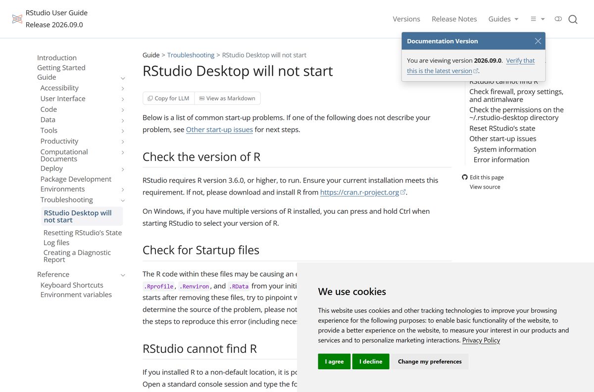 Troubleshooting page listing common startup problems for the desktop IDE