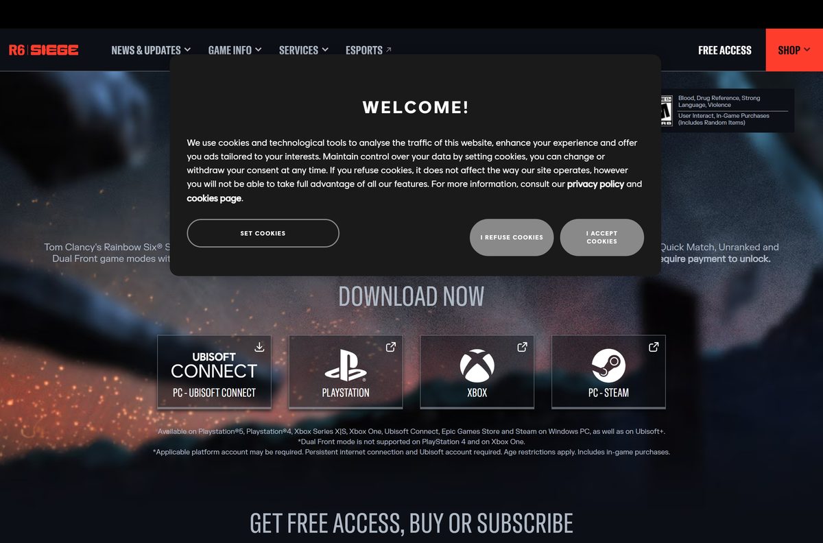 Ubisoft Free Access page comparing Rainbow Six Siege editions
