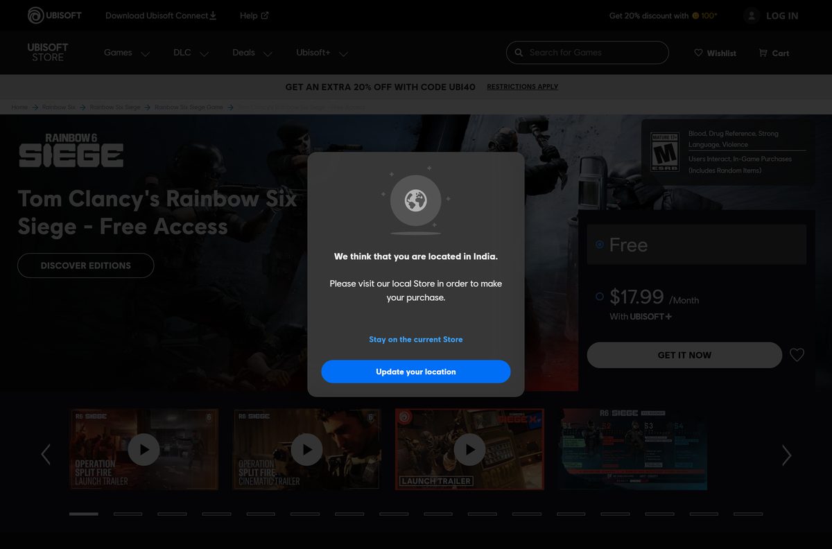 Ubisoft Store listing with Rainbow Six Siege PC system requirements