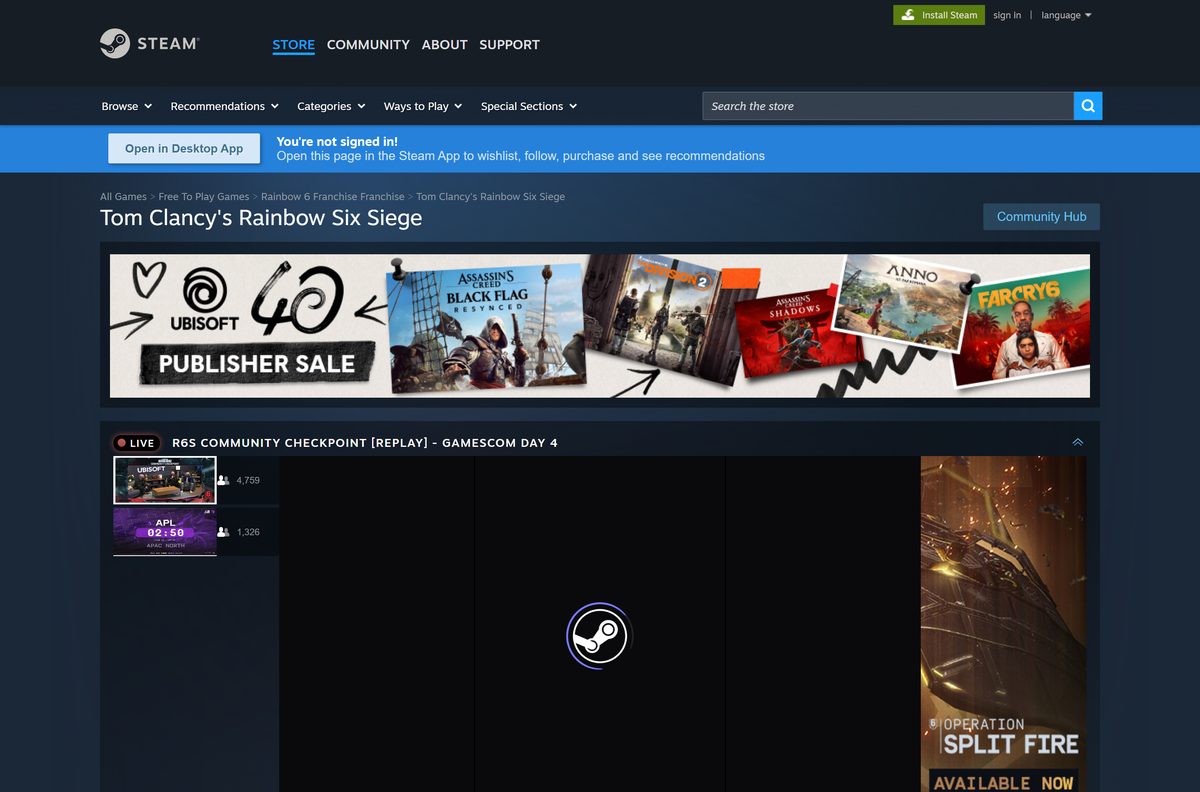 Steam store page for Rainbow Six Siege with its Windows requirements