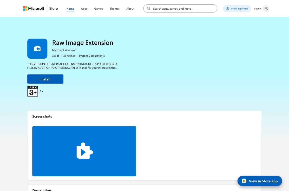 Store page for the Raw Image Extension published by Microsoft