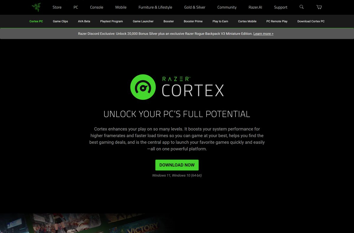 Razer Cortex product page with the DOWNLOAD NOW button
