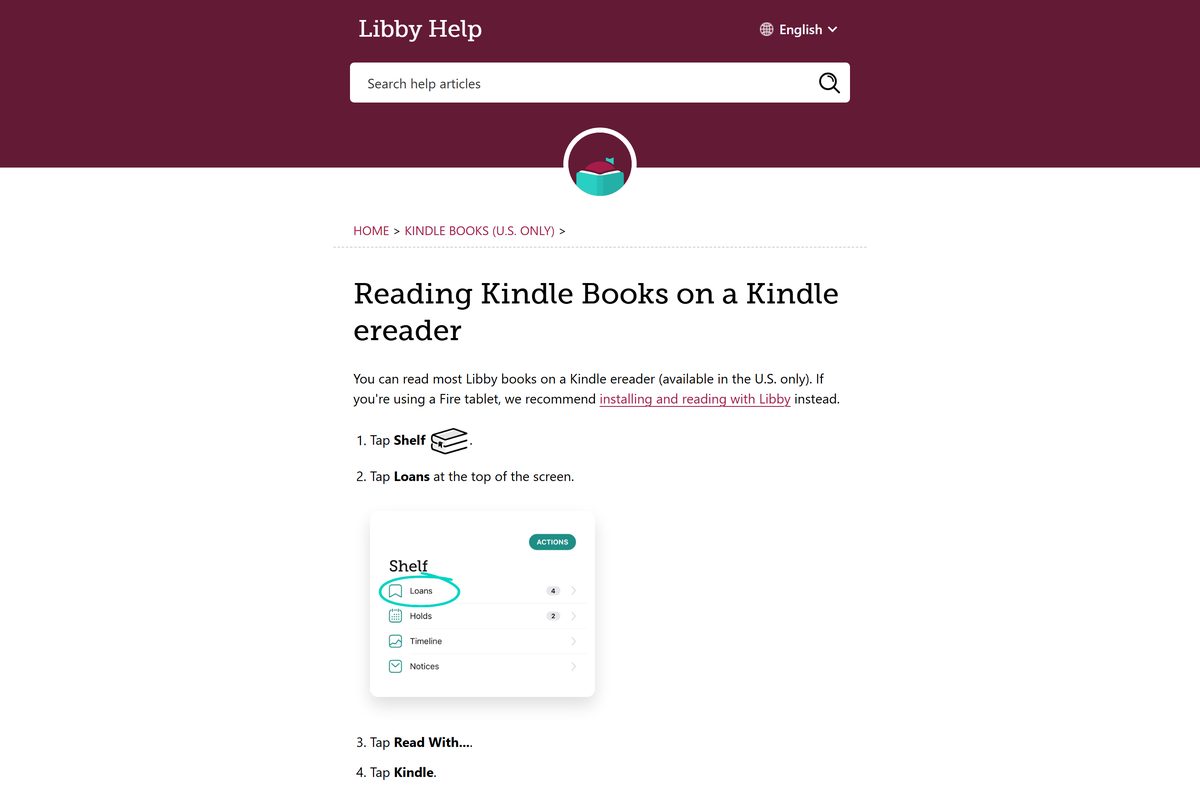 Libby help steps for sending a loan to a Kindle