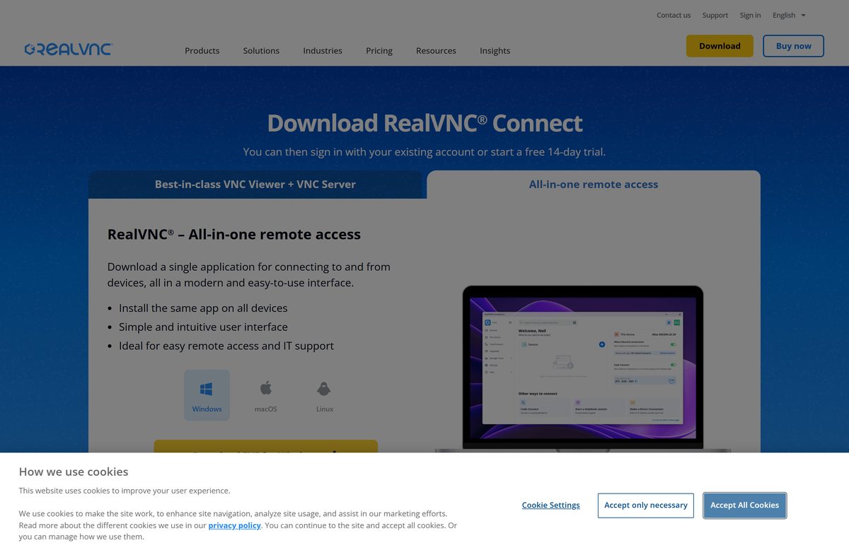 Official RealVNC Connect download page with Windows, macOS and Linux tabs