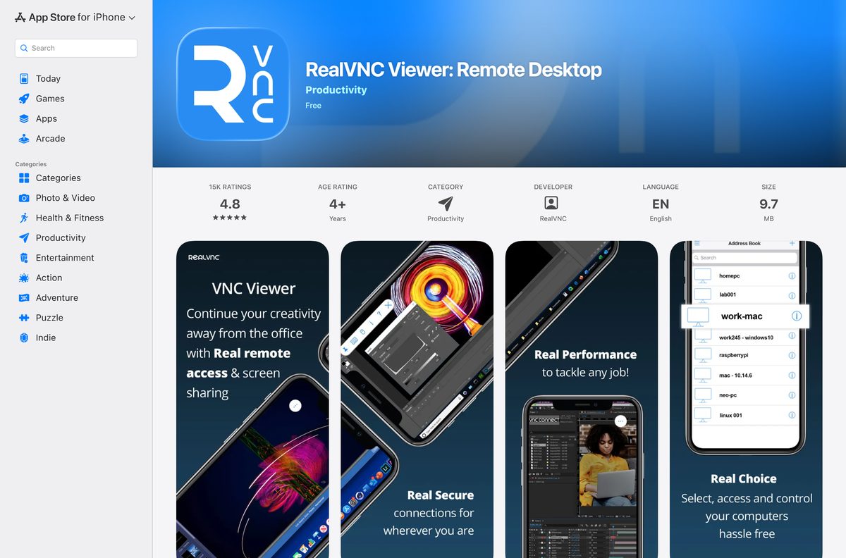 App Store listing for RealVNC Viewer with its rating and size