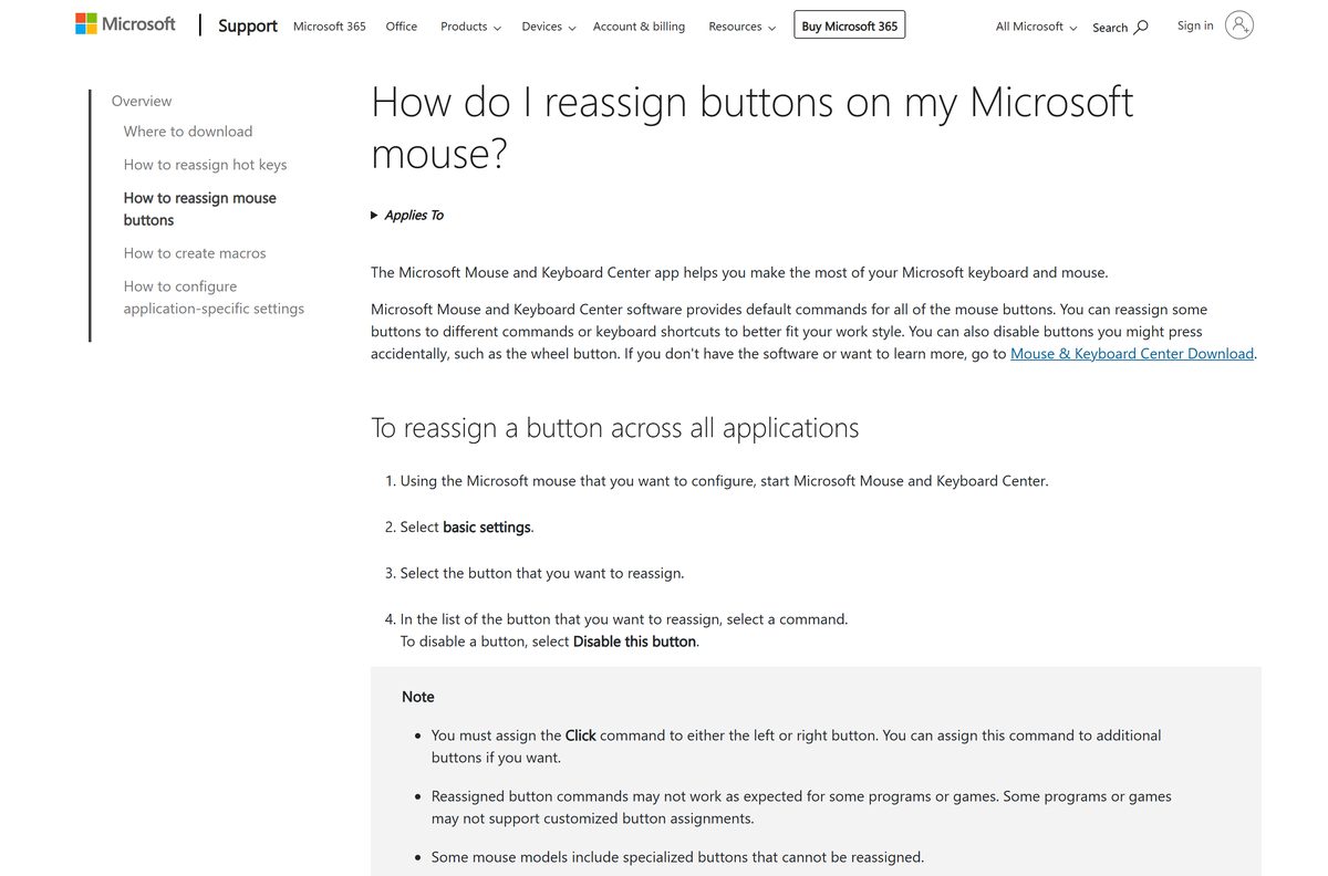 Microsoft guide to reassigning mouse buttons in basic and app-specific settings