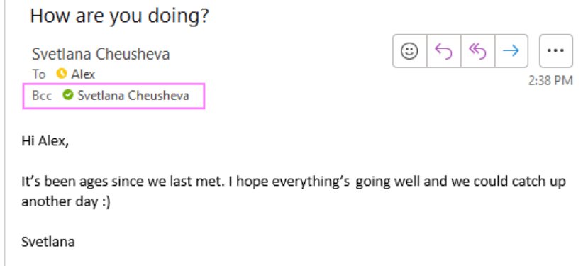 Received email header showing a Bcc recipient's name in Outlook