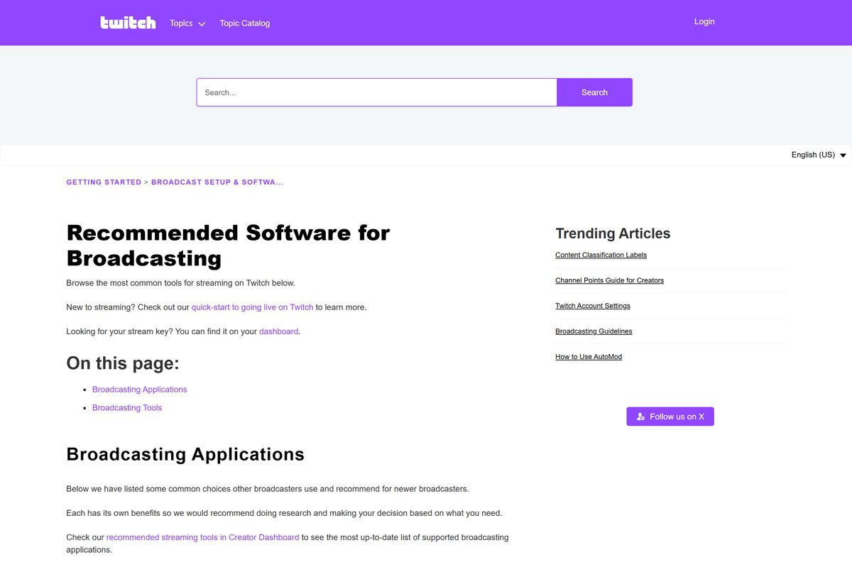 Twitch list of broadcasting applications with platforms and licences
