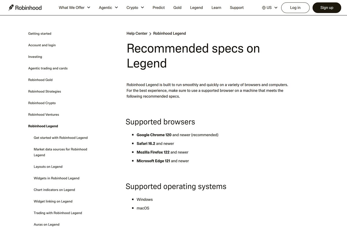 Support article listing recommended browsers and hardware for Legend