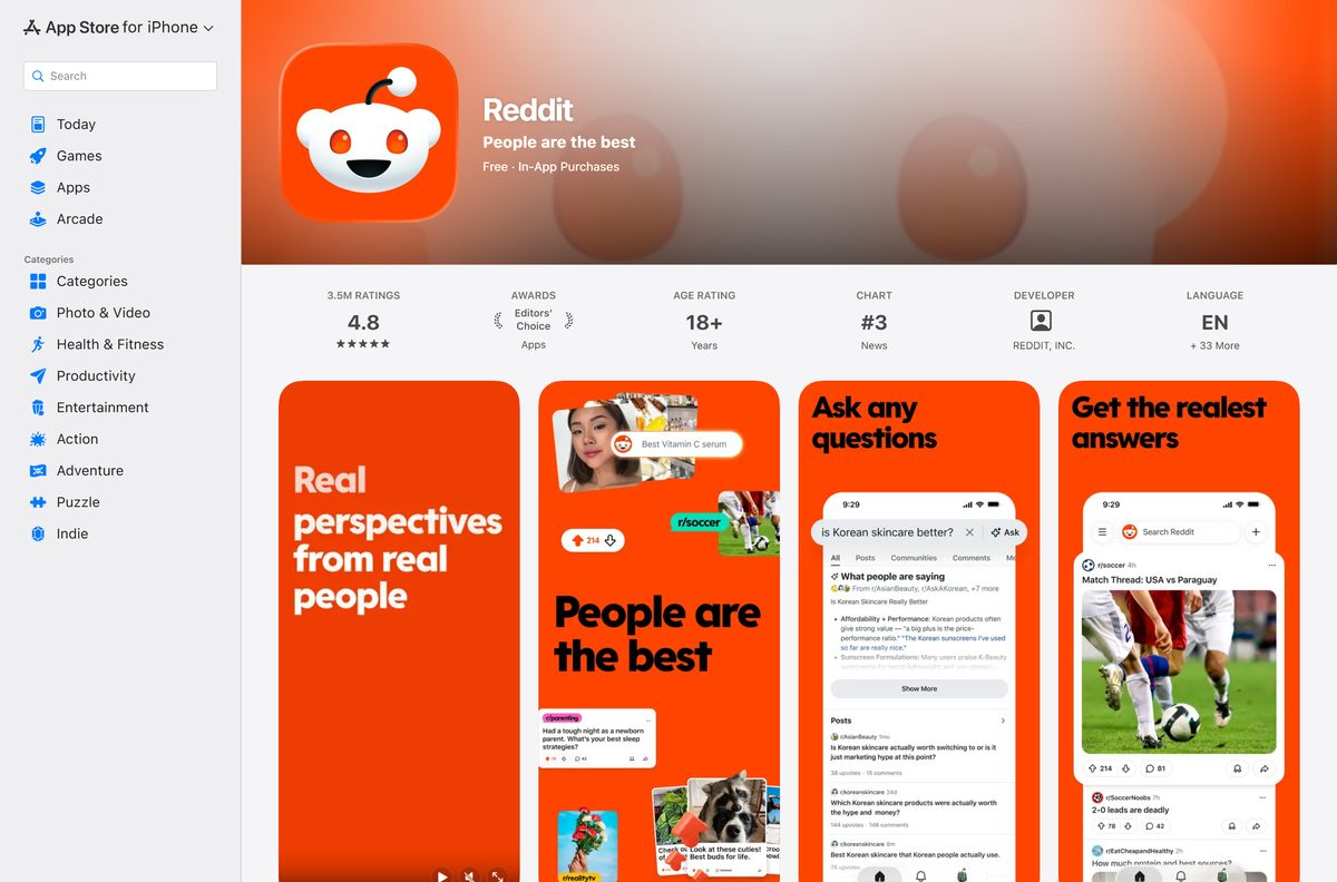 App Store page for Reddit listing iPhone and iPad compatibility