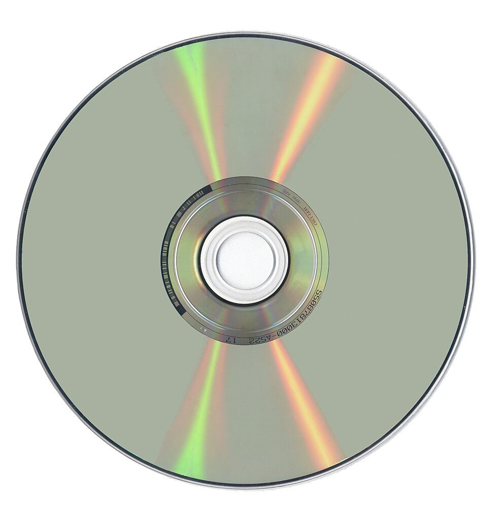 Reflective underside of a DVD disc showing its rainbow data layer