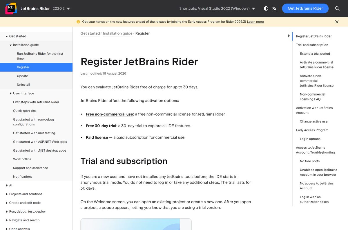 Rider help page explaining the non-commercial, trial and paid licence options