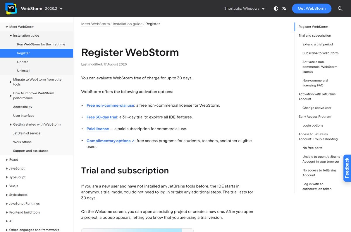 JetBrains help page on registering WebStorm and its licence options