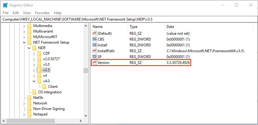Registry Editor open to the .NET Framework Setup NDP v3.5 key