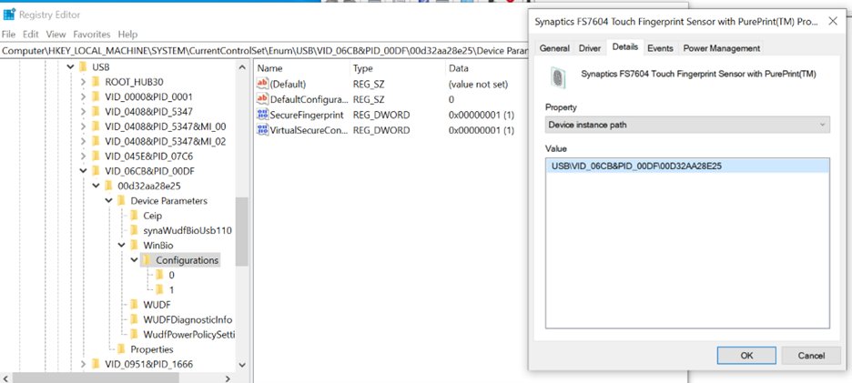 Registry Editor showing the SecureFingerprint value under a sensor's WinBio Configurations key