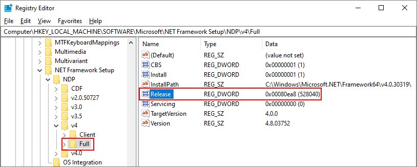 Registry Editor with the .NET Framework NDP v4\Full Release value highlighted