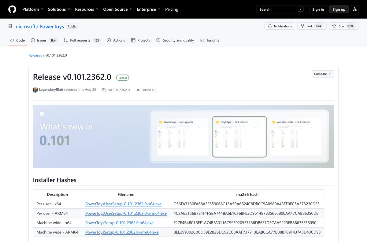 GitHub release page listing the four PowerToys setup files