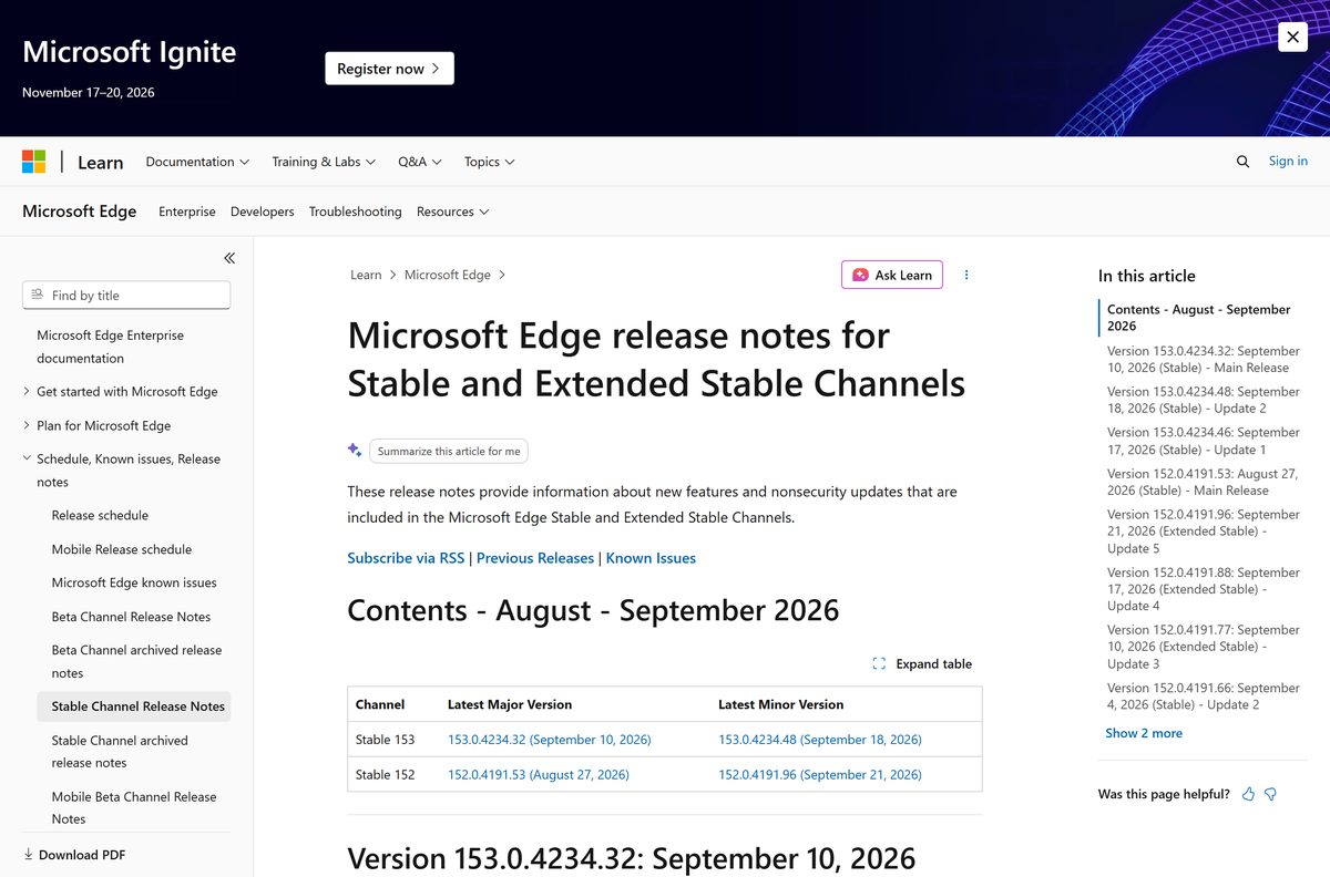 Microsoft Edge release notes listing the latest stable version and date