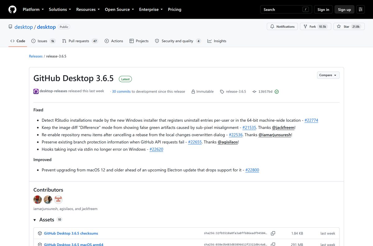 GitHub Desktop release notes with the installer assets expanded