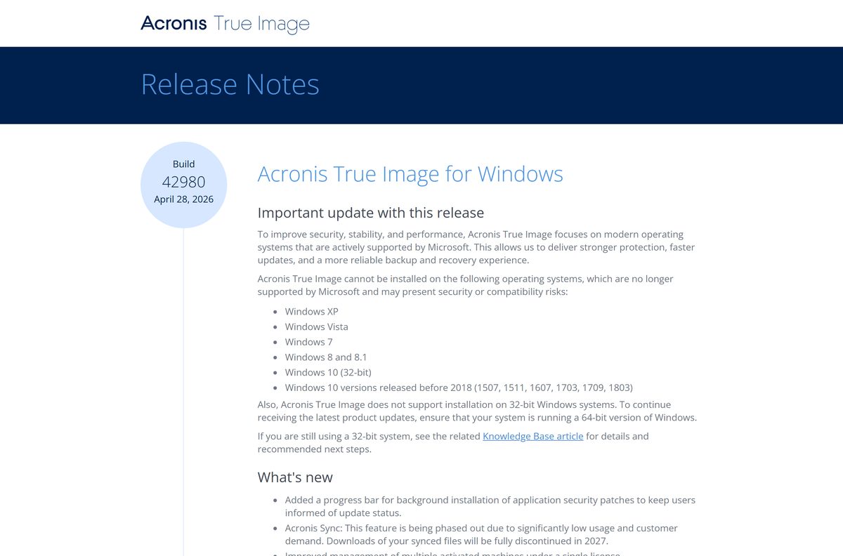Acronis True Image release notes listing the current Windows build