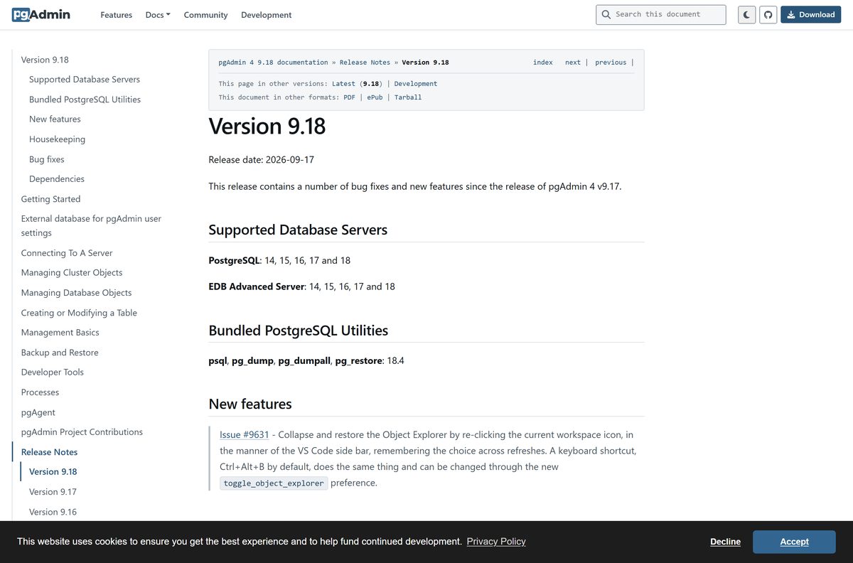 pgAdmin 4 release notes listing new features and bug fixes