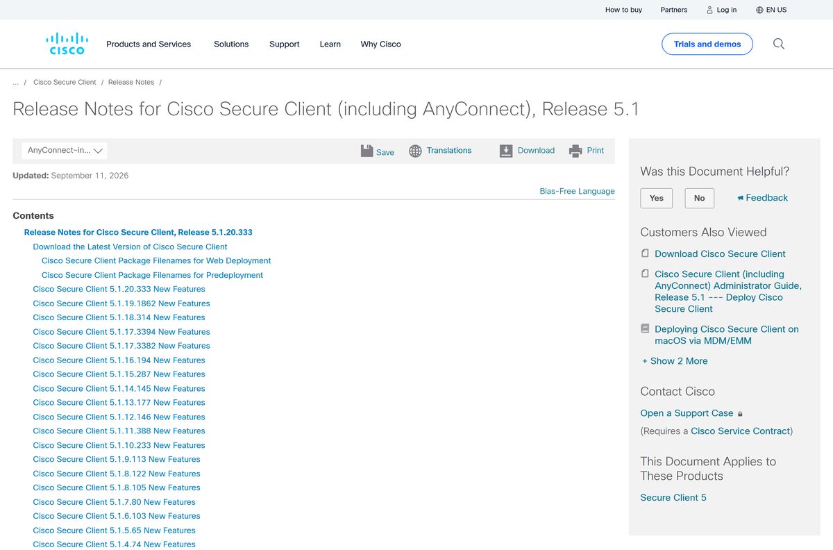 Cisco Secure Client 5.1 release notes with the latest version section