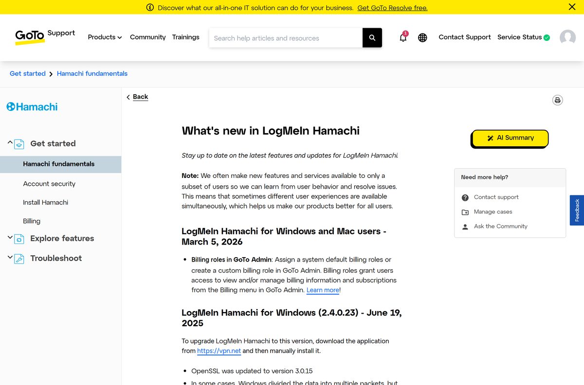 Release notes page listing recent Hamachi builds for Windows and Mac