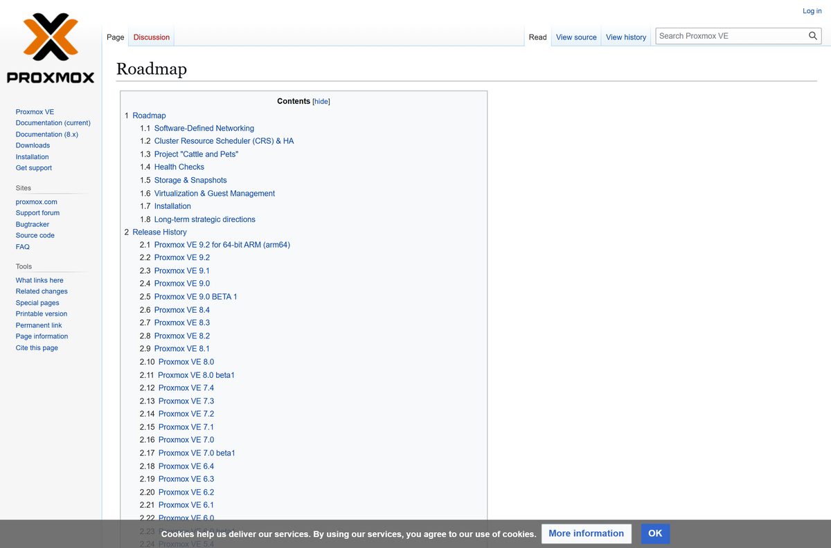 Proxmox VE roadmap page with release notes for version 9.2