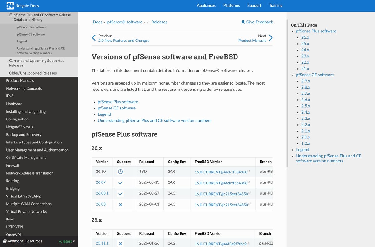 pfSense CE release history table with dates and support status