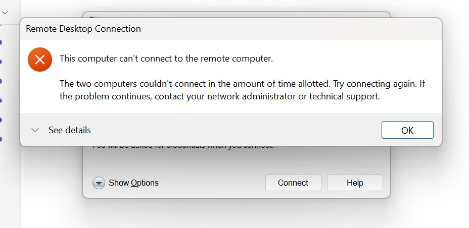 Remote Desktop Connection error: computers could not connect in the time allotted