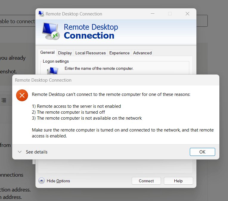 Remote Desktop Connection error saying it cannot reach the computer