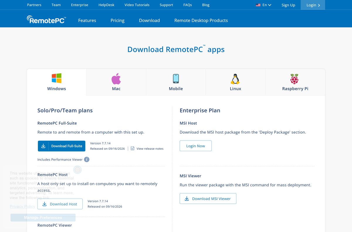 Official RemotePC download page with Full-Suite, Host and Viewer
