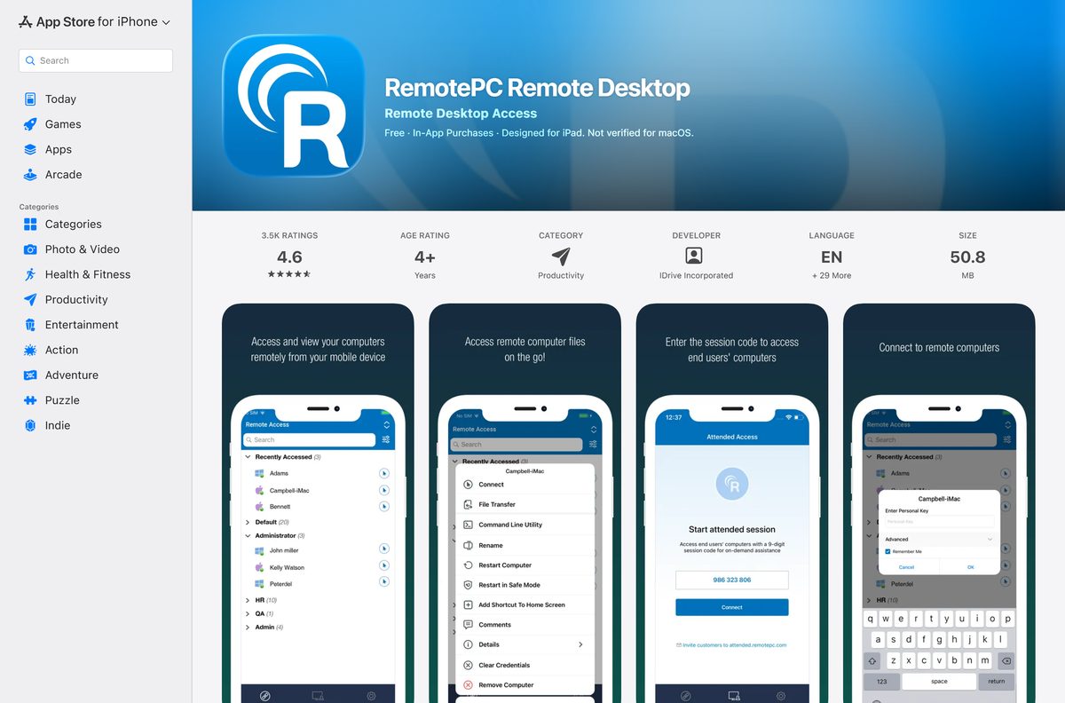 App Store listing for RemotePC with its rating and size