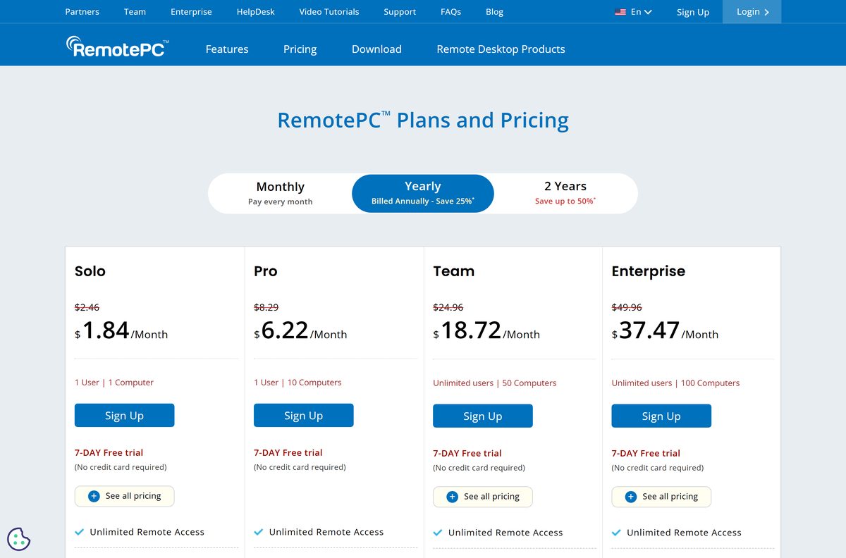 RemotePC plans comparing Solo, Pro, Team and Enterprise