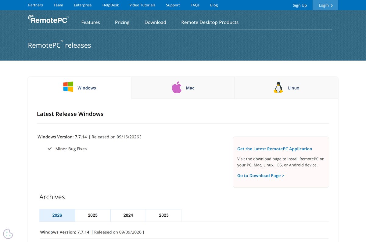 RemotePC release notes listing recent Windows builds and dates