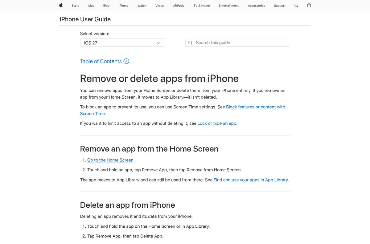 Apple guide to deleting an app such as Wyze from iPhone