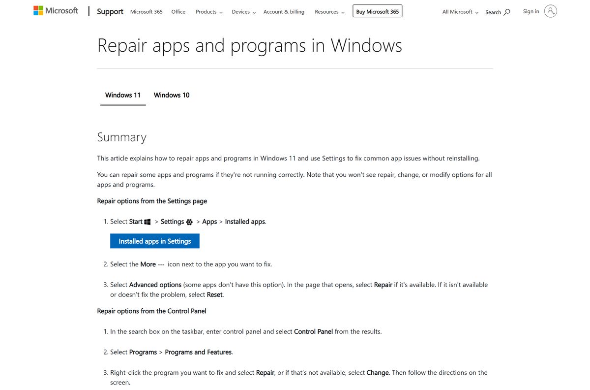Microsoft support page showing Advanced options with Repair and Reset
