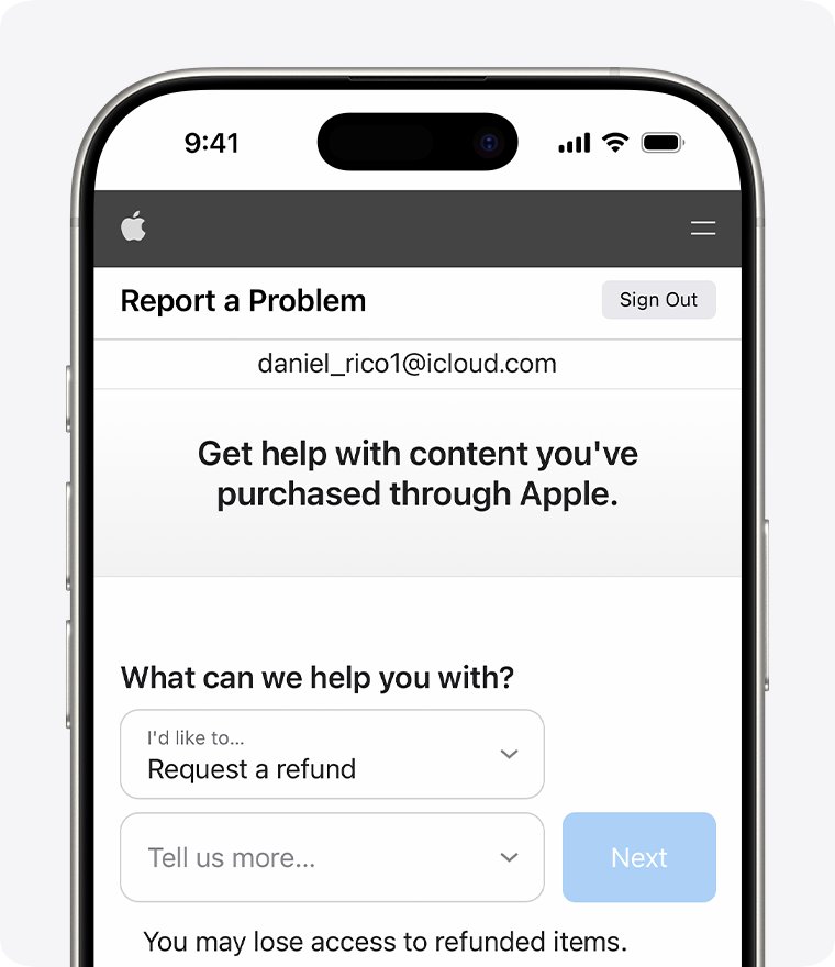 Report a Problem website with Request a refund selected in the menu