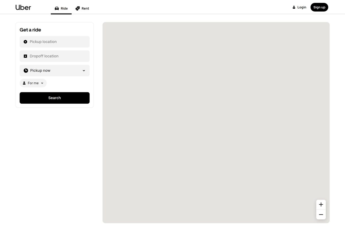 Uber booking page in a desktop browser with pickup and dropoff fields