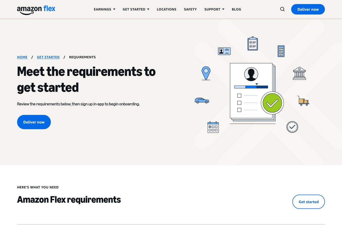 Amazon Flex requirements page covering age, vehicle and phone