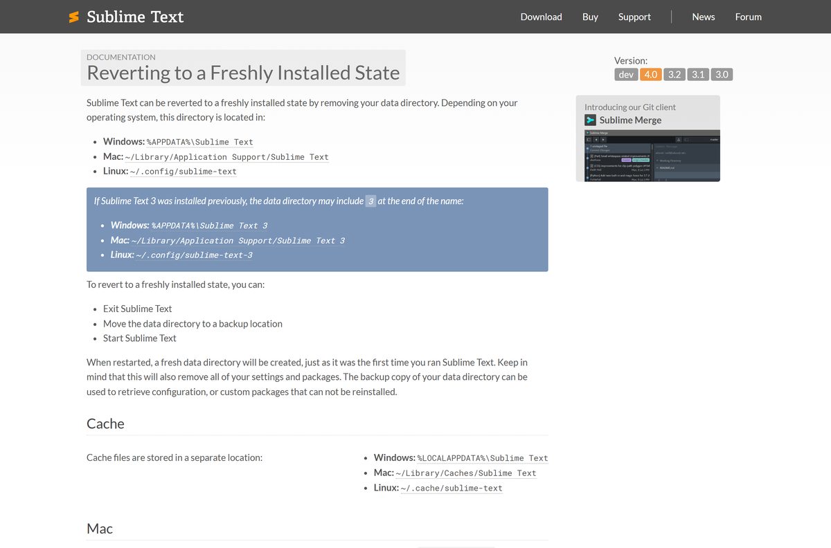 Sublime Text guide to resetting settings by moving the data folder