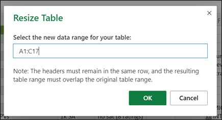 Resize Table dialog with a new data range typed in