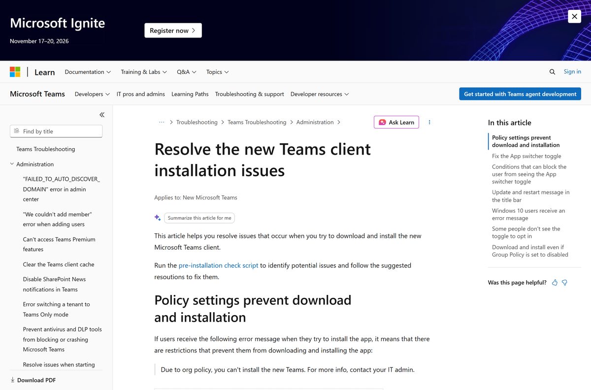 Microsoft troubleshooting page showing the org policy install error