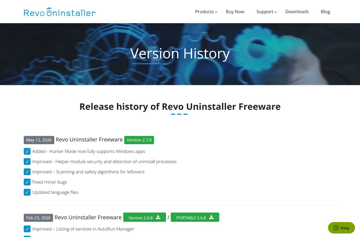 Freeware version history listing each release with its date