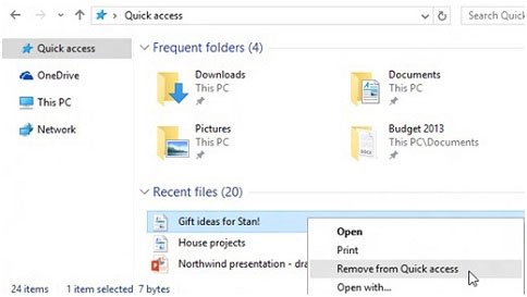Right-click menu on a recent file showing Remove from Quick access